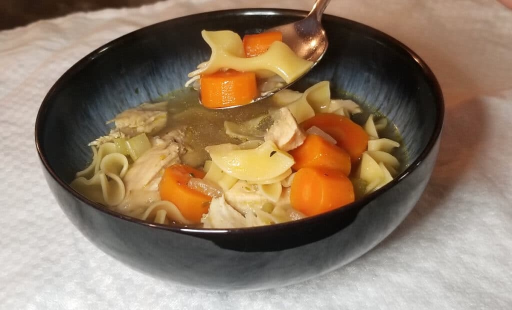 Chicken noodle soup with a spoon lifting up noodle and carrots. 