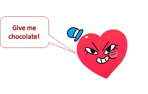 A paint image of a cartoon heart looking devious with a speech bubble saying "give me chocolate".