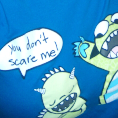 A blue shirt with pictures of two monsters. One says to the other "you don't scare me"