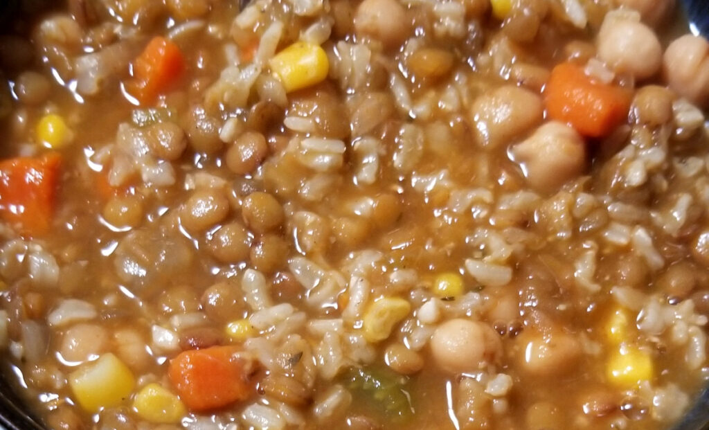 A close up of a bowl of lentil soup.