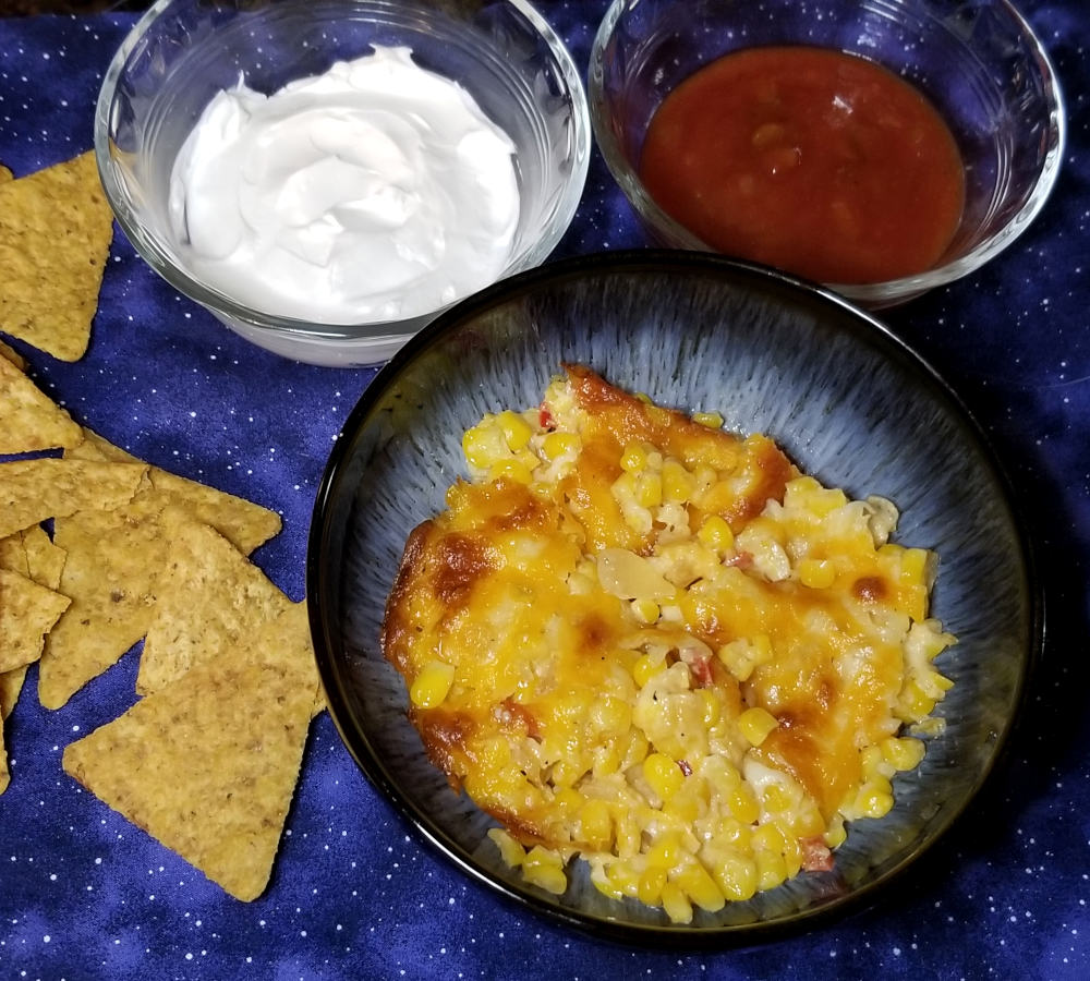 superbowl corn dip with other dips and chips