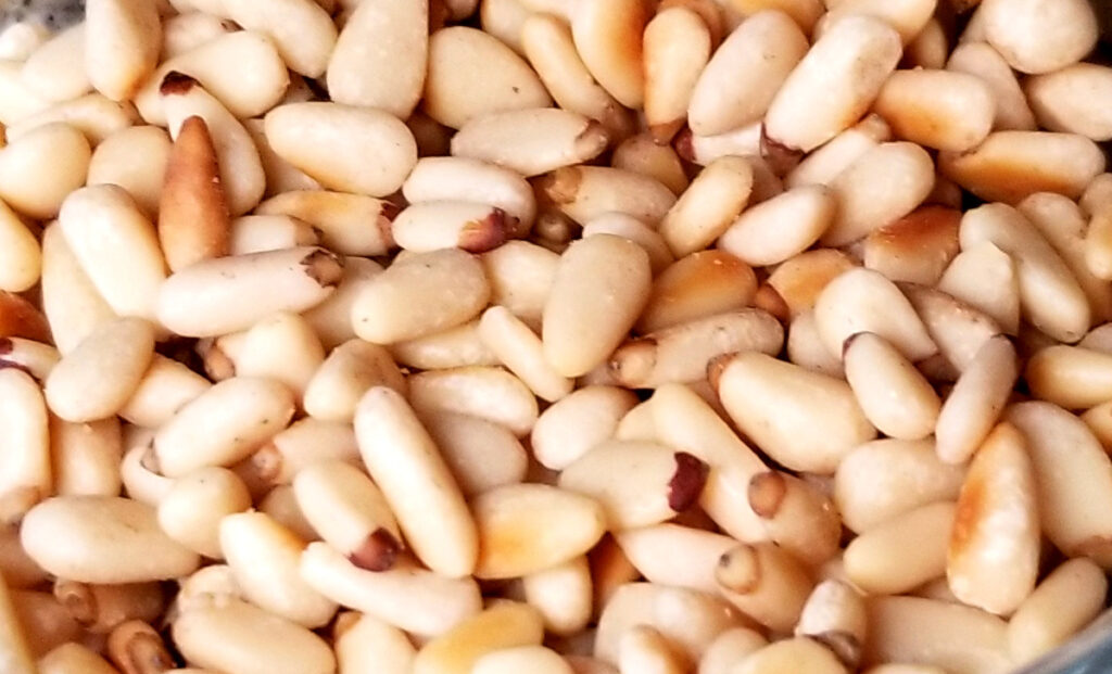 A close up of lightly toasted pine nuts. 