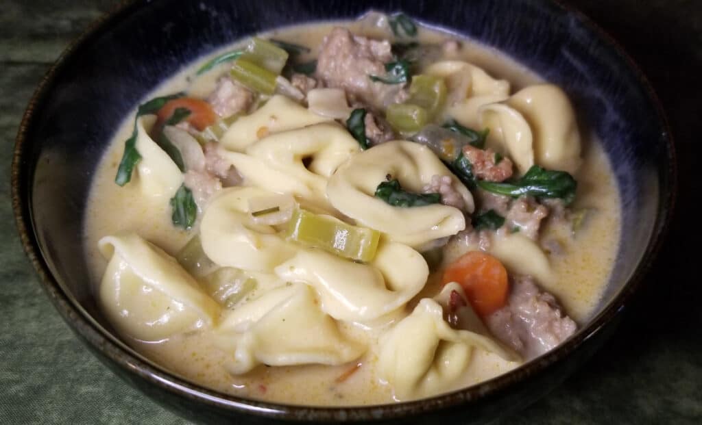 tortellini soup in a bowl on a green background