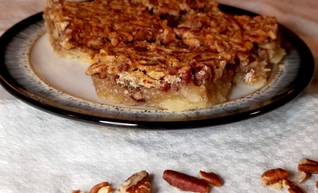 Pecan bars on a plate with pecans in front of it.