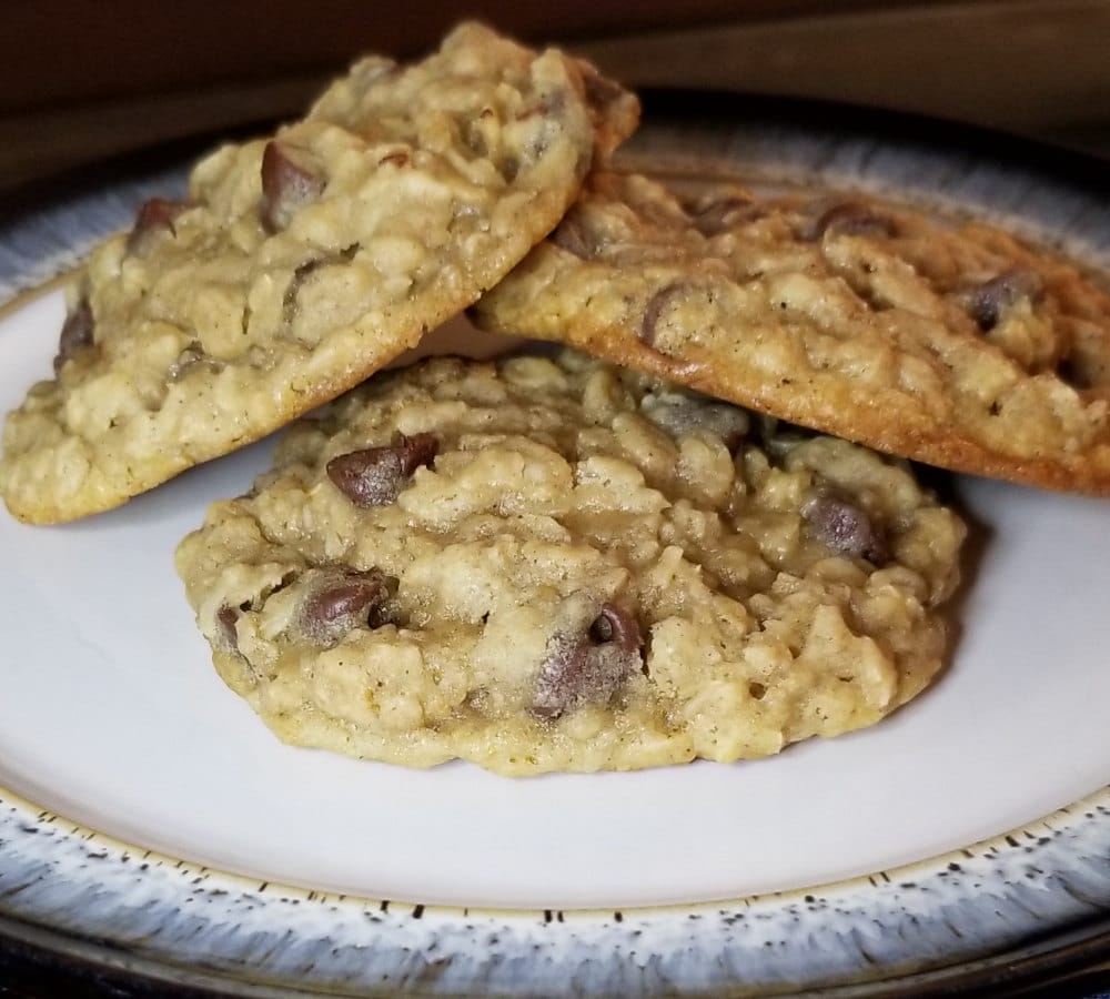 oatmeal chocolate chip cookies stacked on a plate
