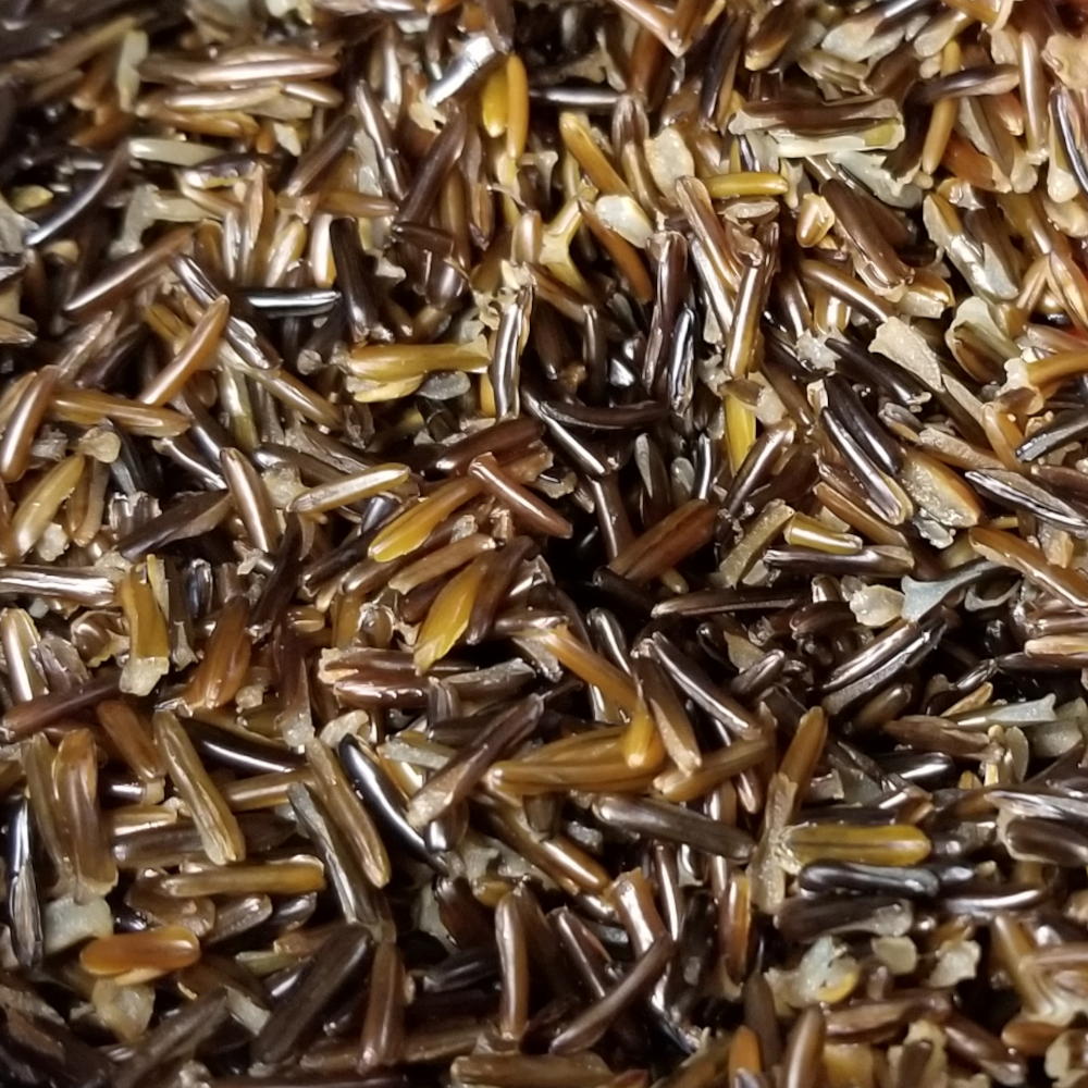 Cooked wild rice grains.