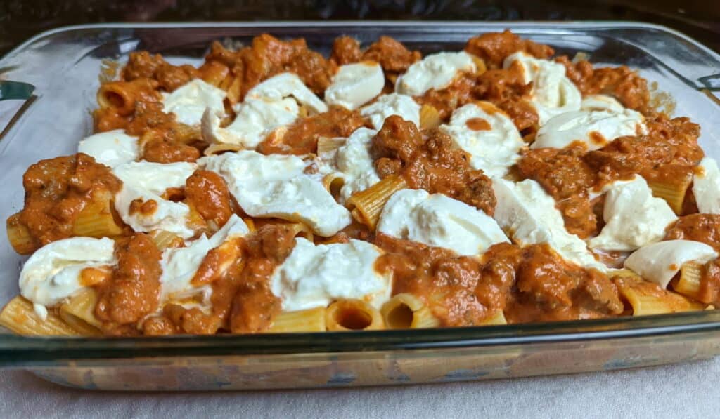 Rigatoni with red sauce and burrata cheese over the top. 