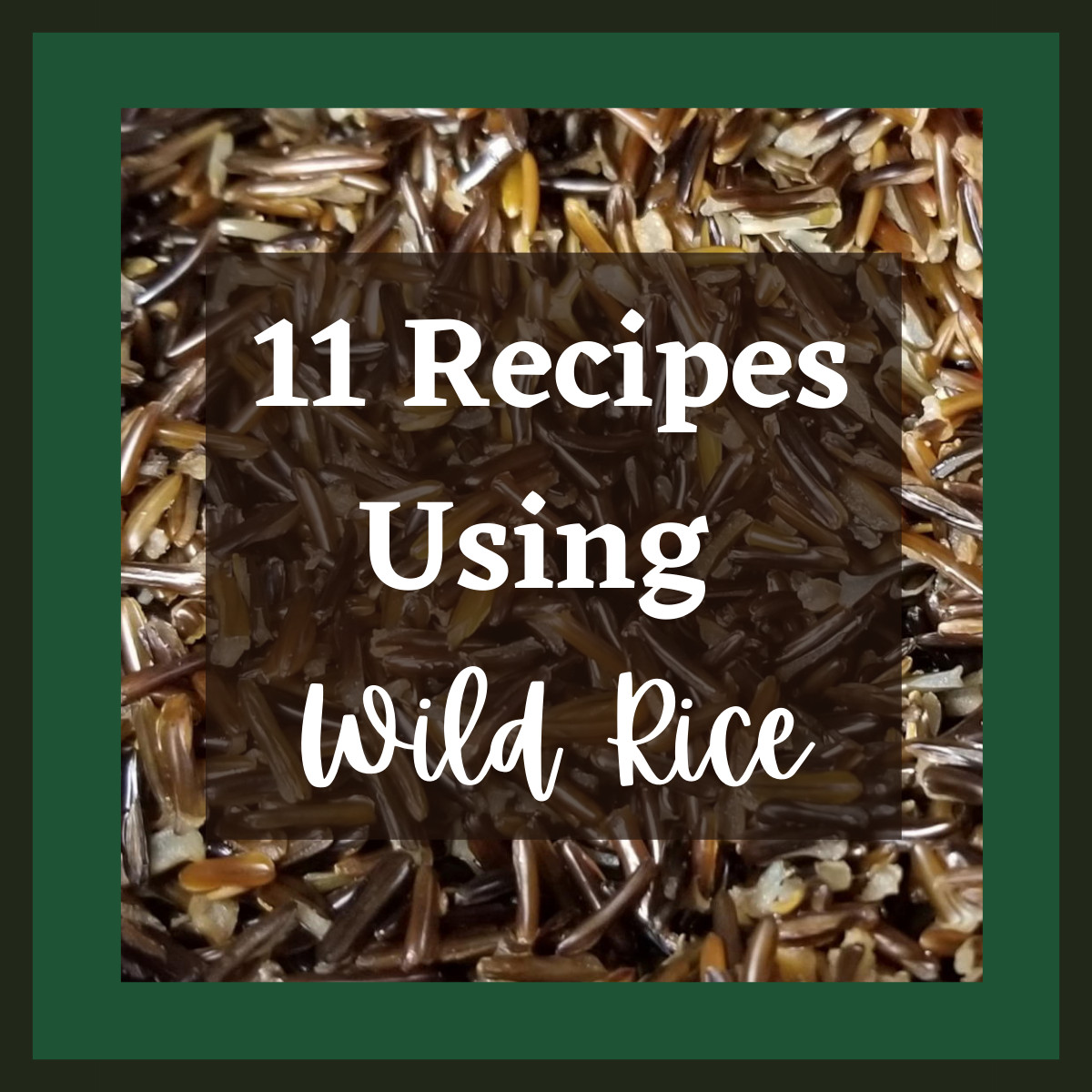 Text reads: eleven recipes using wild rice. There is cooked wild rice in the background of the text.